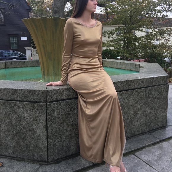 Long Elegant Gold Max Azria Dress with Perfect Draping - Picture 3 of 8